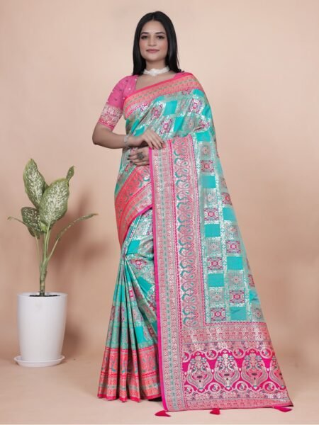 Avantini Aqua Blue and Pink Banarasi Silk Saree with Silver Zari Weaving With Unstitched Blouse Piece