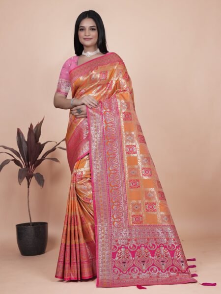 Avantini Orange and Pink Banarasi Silk Saree with Silver Zari Work With Unstitched Blouse Piece