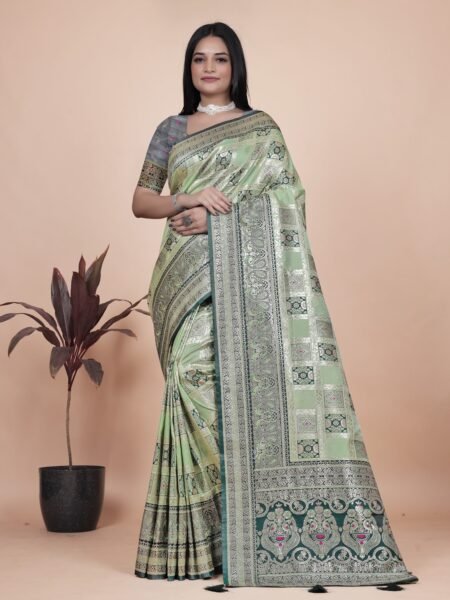 Avantini Pastel Green and Dark Green Banarasi Silk Saree with Silver Zari Weaving With Unstitched Blouse Piece