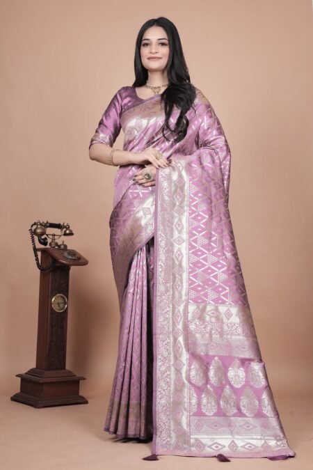 Avantini Lavender Banarasi Silk Saree with Silver Zari Geometric and Floral Design With Unstitched Blouse Piece
