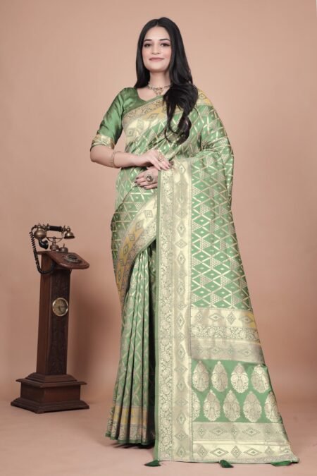 Avantini Emerald Green Banarasi Silk Saree with Silver Zari Detailing With Unstitched Blouse Piece