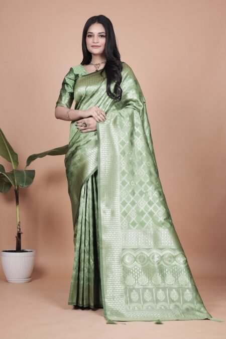 Avantini Graceful Light Green Banarasi Silk Saree With Unstitched Blouse Piece