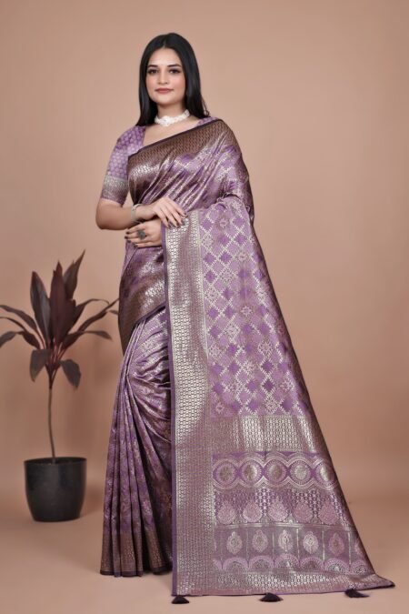 Avantini Royal Purple Banarasi Silk Saree With Unstitched Blouse Piece