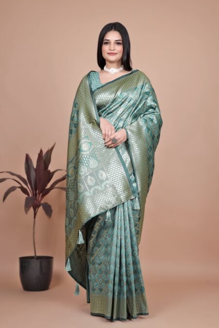Avantini Sea Green Banarasi Silk Saree With Unstitched Blouse Piece