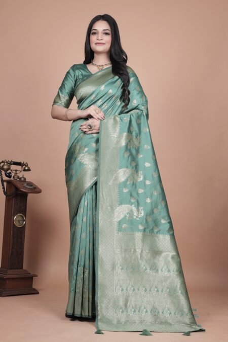 Avantini Elegant Mint Green Banarasi Silk Saree with Zari Weaving With Unstitched Blouse Piece