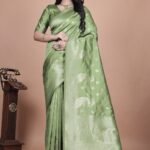 Avantini Lime Green Banarasi Silk Saree with Intricate Zari Peacock Motifs With Unstitched Blouse Piece