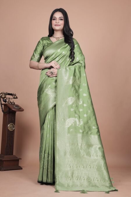 Avantini Lime Green Banarasi Silk Saree with Intricate Zari Peacock Motifs With Unstitched Blouse Piece