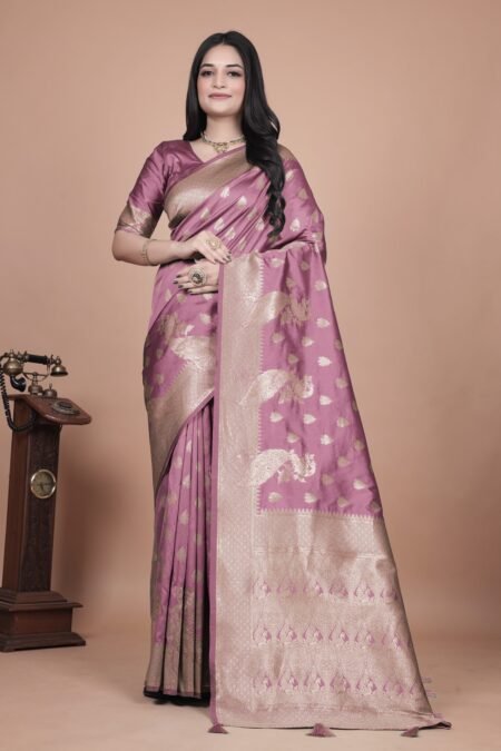 Avantini Mauve Purple Banarasi Silk Saree with Gold Zari Peacock Work With Unstitched Blouse Piece