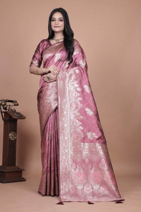 Avantini Rose Pink Banarasi Silk Saree with Intricate Silver Zari Weave With Unstitched Blouse Piece