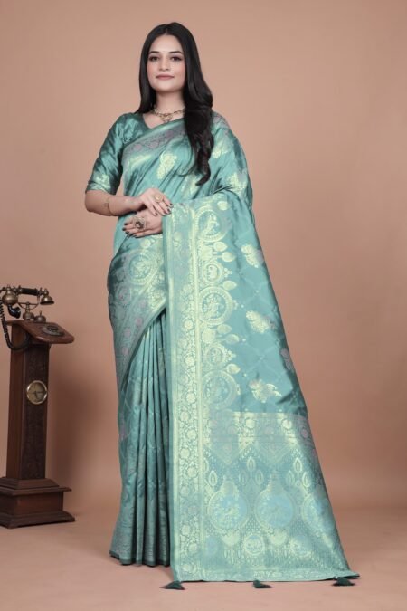 Avantini Teal Banarasi Silk Saree with Golden Zari Weaving With Unstitched Blouse Piece