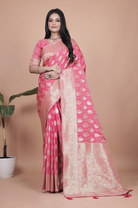 Avantini Rani Pink Banarasi Silk Saree with Golden Zari Weaving With Unstitched Blouse Piece