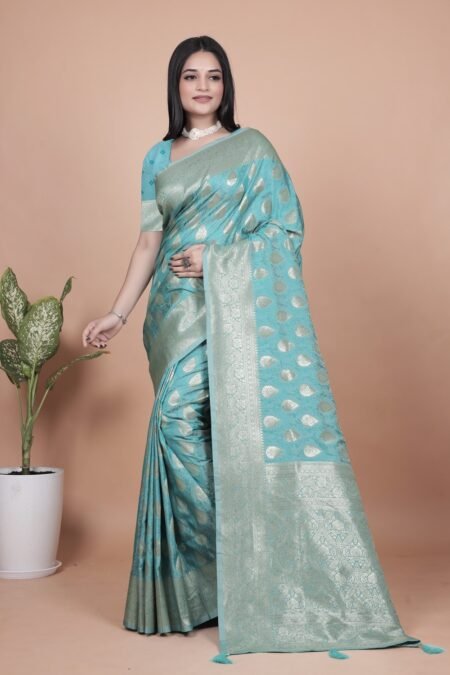 Avantini Sky Blue Banarasi Silk Saree with Silver Zari Butti and Ornate Pallu With Unstitched Blouse Piece