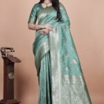 Avantini Pastel Teal Banarasi Silk Saree with Gold Zari Butti and Ornate Pallu With Unstitched Blouse Piece