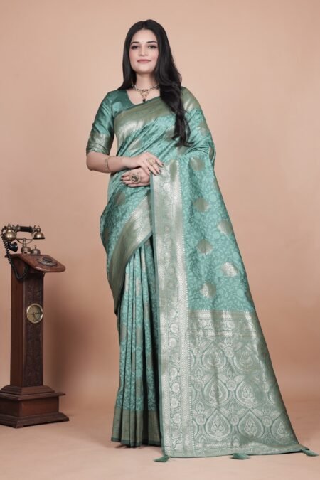 Avantini Pastel Teal Banarasi Silk Saree with Gold Zari Butti and Ornate Pallu With Unstitched Blouse Piece