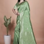 Avantini Pista Green Banarasi Silk Saree with Silver Zari Butti and Ornate Pallu With Unstitched Blouse Piece