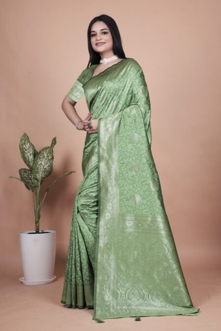 Avantini Pista Green Banarasi Silk Saree with Silver Zari Butti and Ornate Pallu With Unstitched Blouse Piece