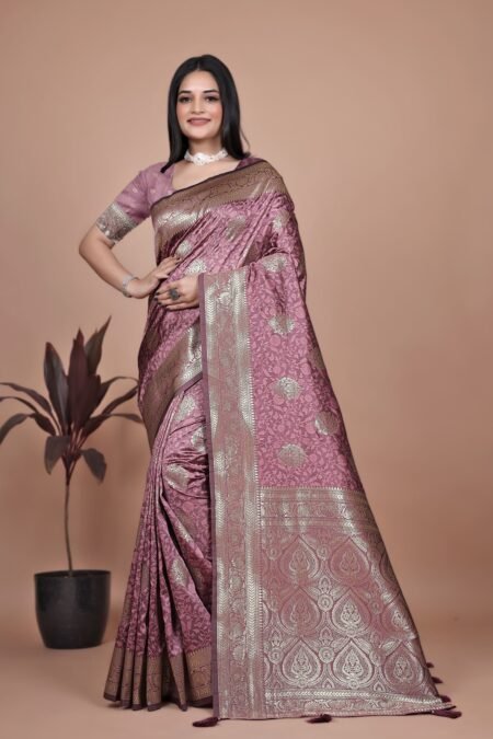 Avantini Dusty Rose Banarasi Silk Saree with Gold Zari Butti and Regal Pallu With Unstitched Blouse Piece