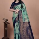 Avantini Sea Green & Navy Blue Banarasi Silk Saree with Zari Embellishment With Unstitched Blouse Piece