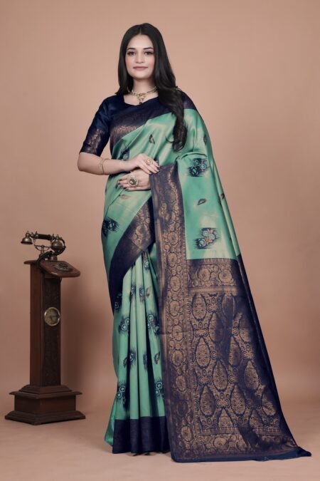 Avantini Sea Green & Navy Blue Banarasi Silk Saree with Zari Embellishment With Unstitched Blouse Piece