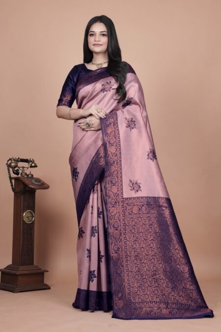 Avantini Mauve & Midnight Blue Lotus Motifs Banarasi Silk Saree With Unstitched Blouse Piece