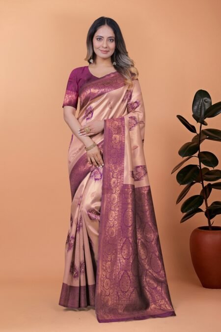 Avantini Beige & Plum Zari Woven Banarasi Silk Saree With Unstitched Blouse Piece