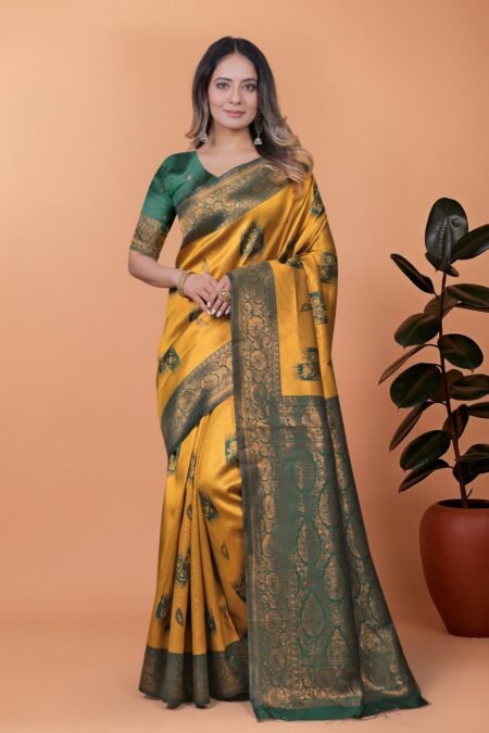 Avantini Mustard Yellow & Green Banarasi Silk Saree with Zari Weaving With Unstitched Blouse Piece