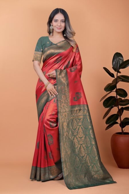 Avantini Red & Bottle Green Banarasi Silk Saree with Antique Zari Weaving With Unstitched Blouse Piece