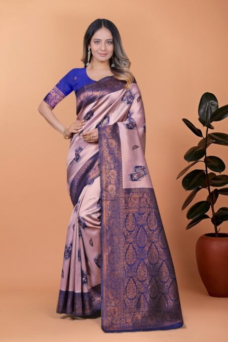 Avantini Lavender & Royal Blue Banarasi Silk Saree with Zari Embroidery With Unstitched Blouse Piece