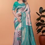 Avantini Light Lavender & Teal Green Banarasi Silk Saree with Zari Detailing With Unstitched Blouse Piece