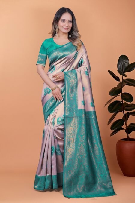 Avantini Light Lavender & Teal Green Banarasi Silk Saree with Zari Detailing With Unstitched Blouse Piece