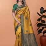 Avantini Golden Mustard & Bottle Green Floral Accents Banarasi Silk Saree With Unstitched Blouse Piece