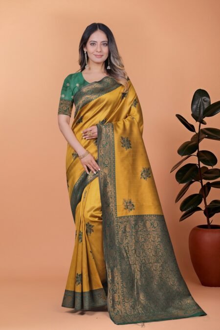 Avantini Golden Mustard & Bottle Green Floral Accents Banarasi Silk Saree With Unstitched Blouse Piece