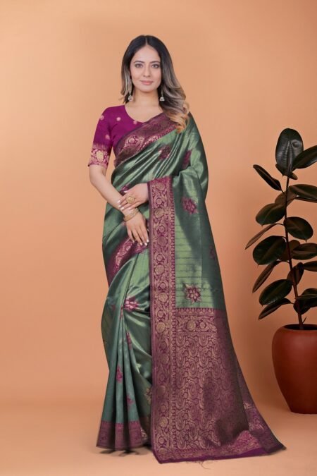 Avantini Emerald Plum Floral Zari Accents Banarasi Silk Saree With Unstitched Blouse Piece