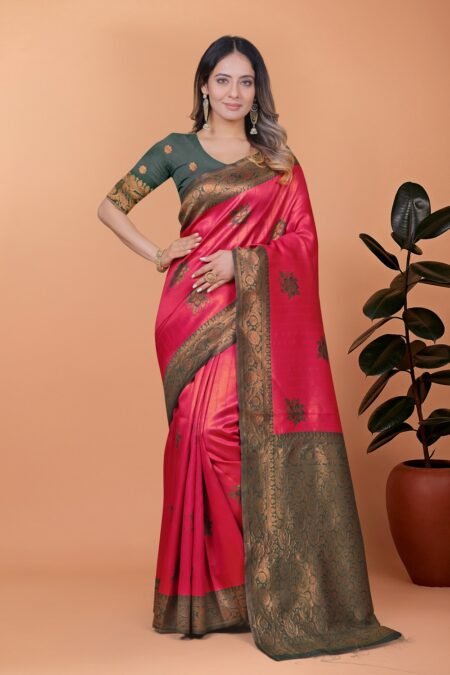 Avantini Rose Ruby Antique Zari Weave Banarasi Silk Saree with Unstitched Blouse Piece