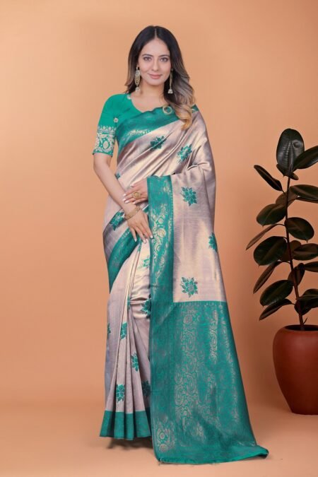 Avantini Ivory Glow Emerald Accents Banarasi Silk Saree  With Unstitched Blouse Piece