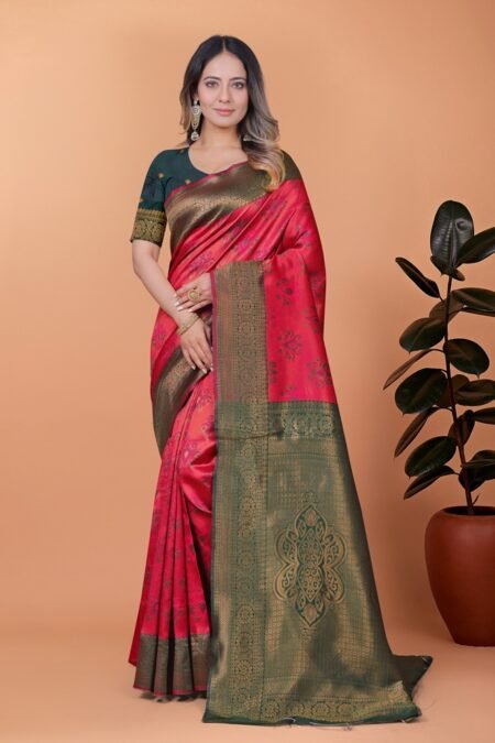 Avantini Crimson Majesty Banarasi Silk Saree With Unstitched Blouse Piece