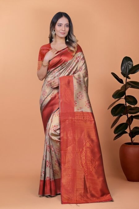 Avantini Golden Ember Banarasi Silk Saree With Unstitched Blouse Piece