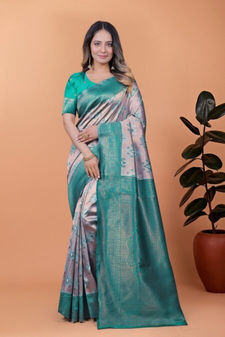 Avantini Mint Royale Banarasi Silk Saree With Unstitched Blouse Piece