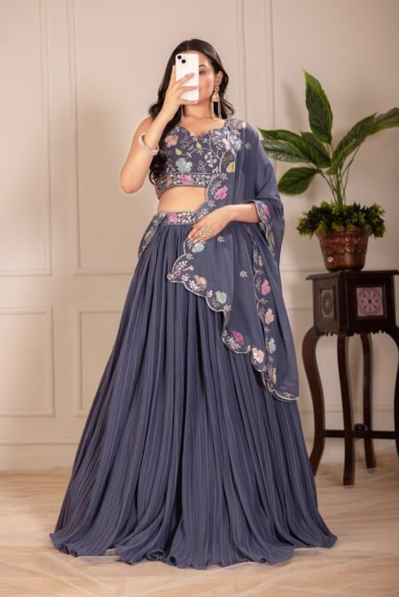 Malishka Export Womens Grey Faux Georgette Embroidery Lehenga Choli Set