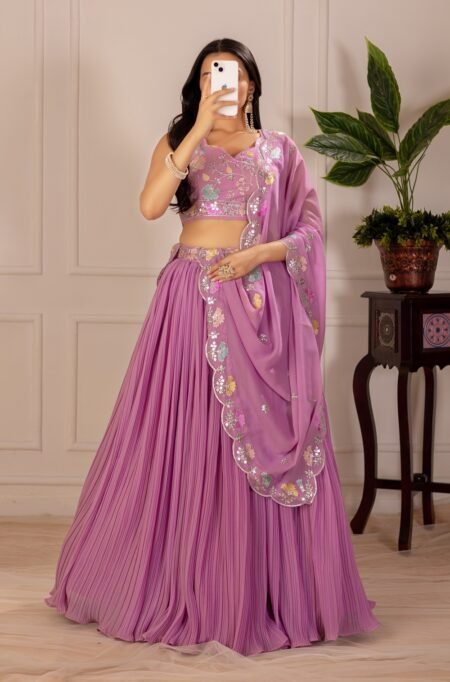 Malishka Export Womens Pink Faux Georgette Embroidery Lehenga Choli Set