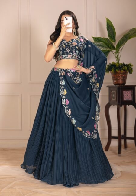 Malishka Export Womens Rama Faux Georgette Embroidery Lehenga Choli Set
