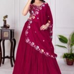 Malishka Export Womens Red Faux Georgette Embroidery Lehenga Choli Set