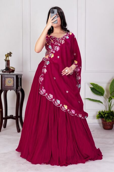 Malishka Export Womens Red Faux Georgette Embroidery Lehenga Choli Set