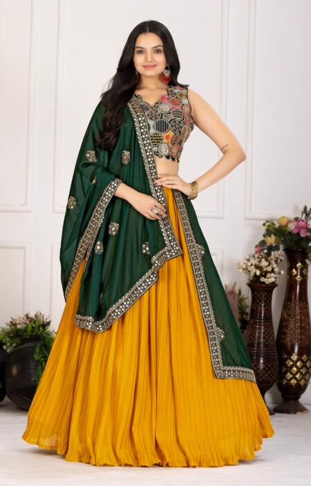 Malishka Export Womens Yellow Faux Georgette Embroidery Lehenga Choli Set