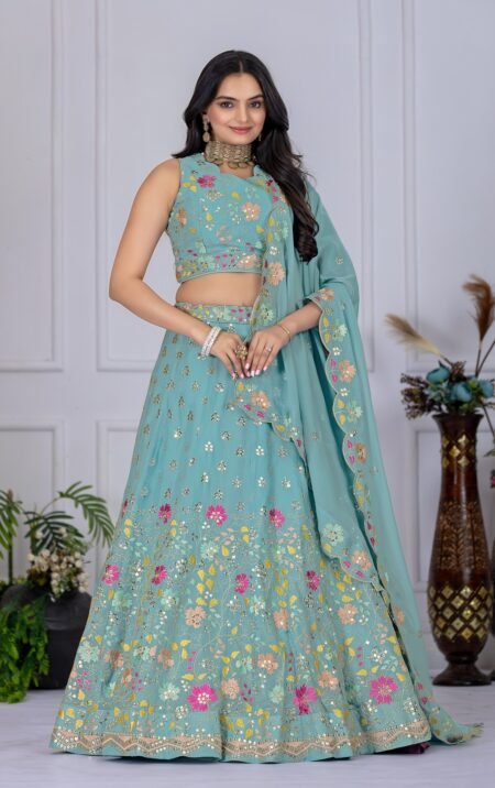 Malishka Export Womens Firozi Faux Georgette Embroidery Lehenga Choli Set