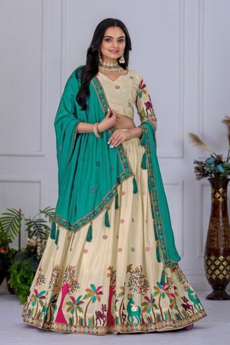 Malishka Export Womens Firozi Chinnon Silk Embroidery Lehenga Choli Set