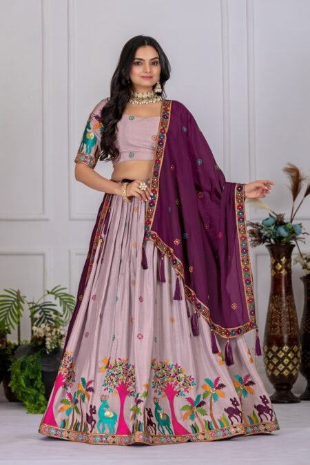 Malishka Export Womens Wine Chinnon Silk Embroidery Lehenga Choli Set
