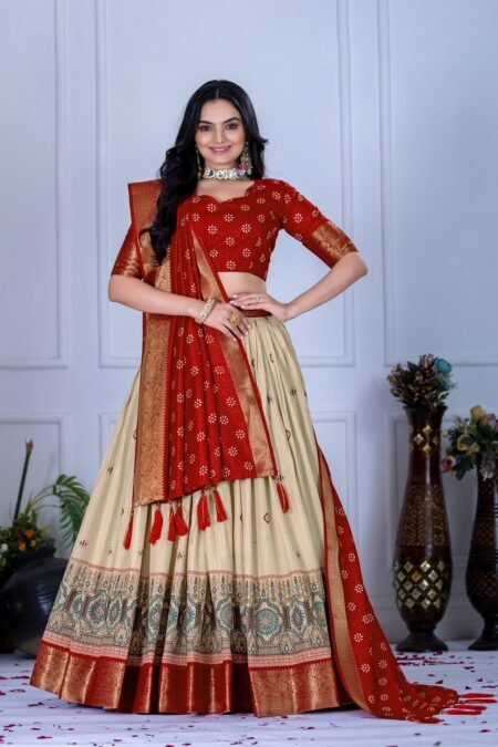 Malishka Export Womens Red Heavy Lichi Fabric WIth Jacquard Border Lehenga Choli Set
