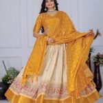 Malishka Export Womens Yellow Heavy Lichi Fabric WIth Jacquard Border Lehenga Choli Set