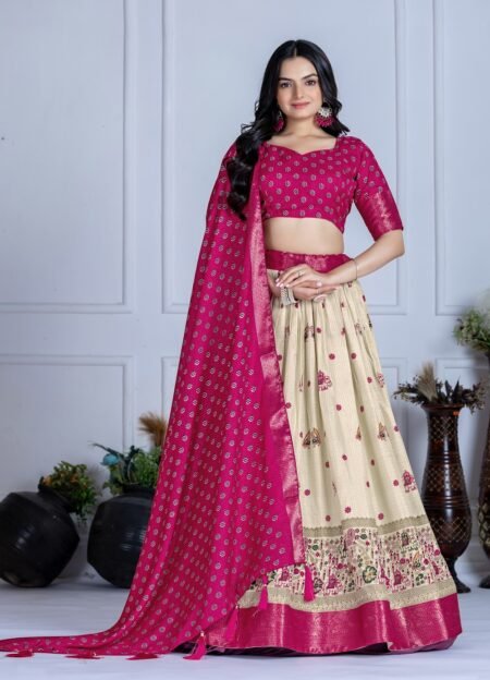 Malishka Export Womens Pink Heavy Lichi Fabric WIth Jacquard Border Lehenga Choli Set